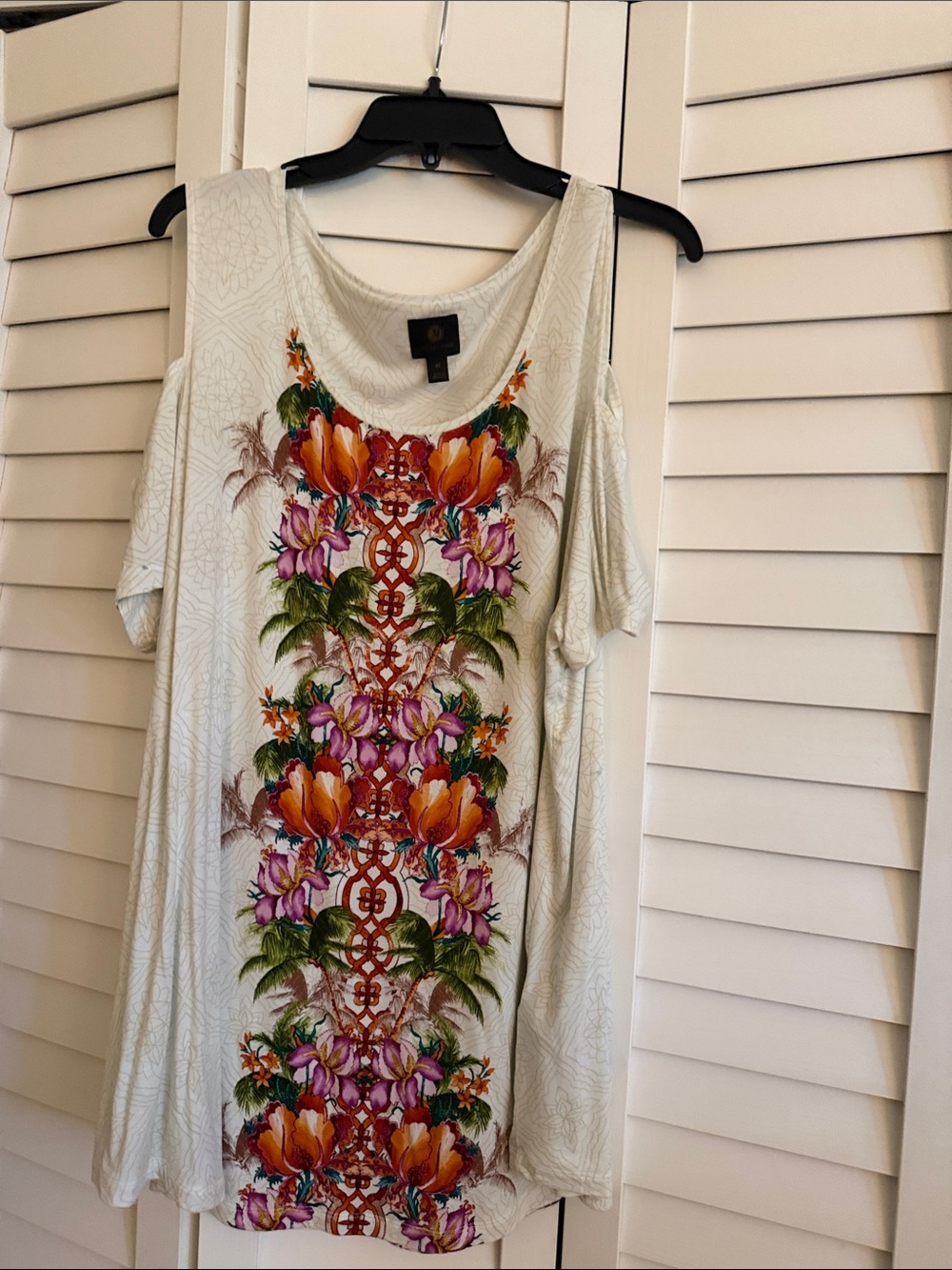 JM Collection Ivory Cold-Shoulder Tunic with Orange and Purple Floral Panel